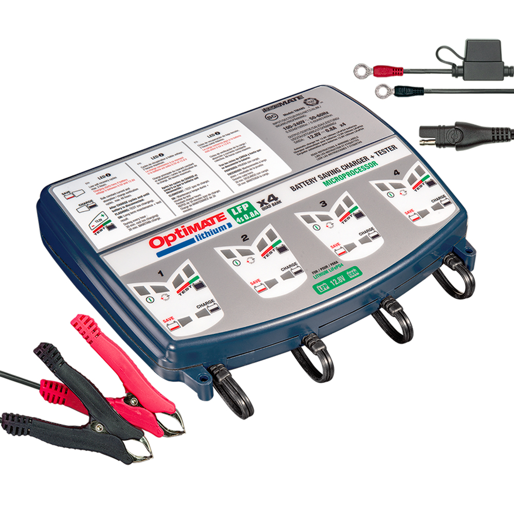 Caricatore e mantenitore di carica con recupero di batteria a otto fasi da 12.8V per 4 batterie, OptiMate Lithium 4s 0.8A Quad Bank Tecmate